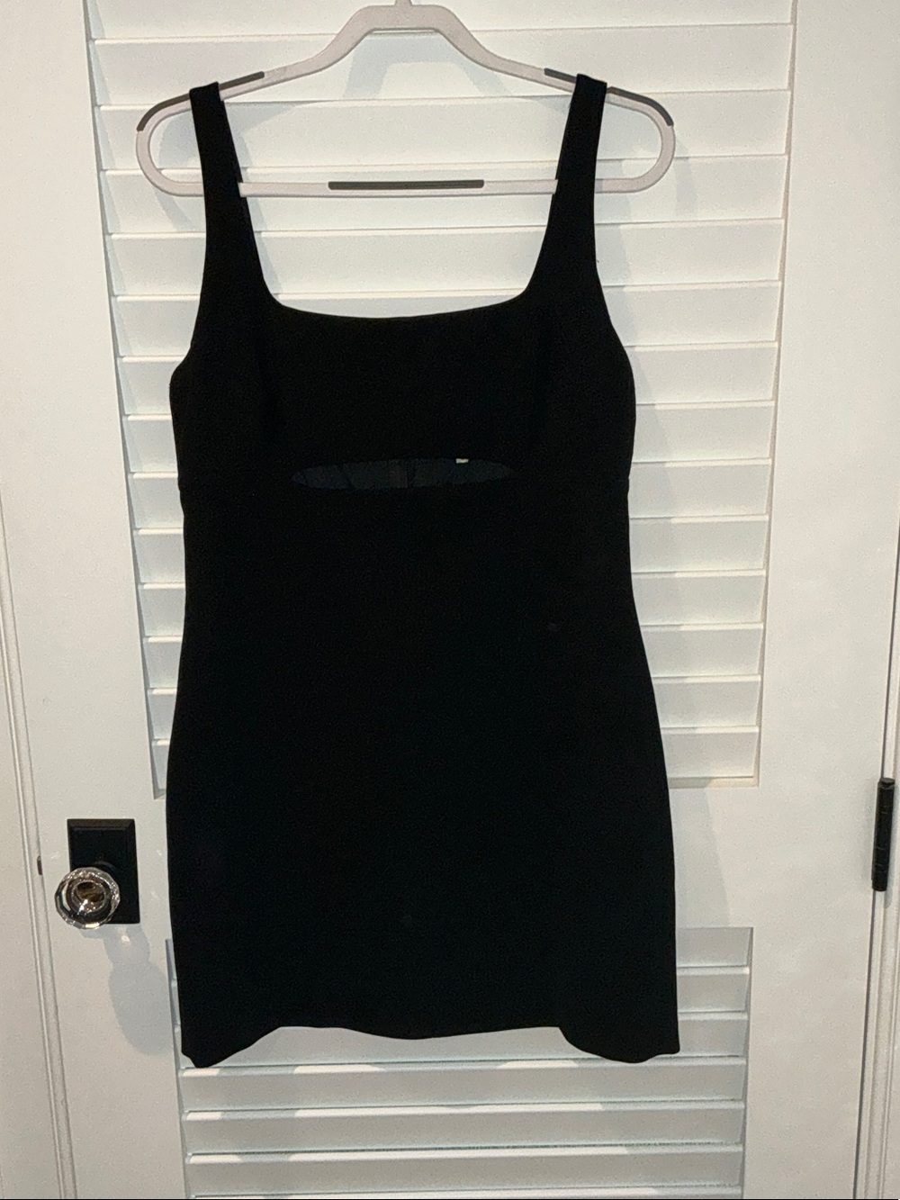 Halston Black Sleeveless Square-Neck Mini Dress with Front Cutout